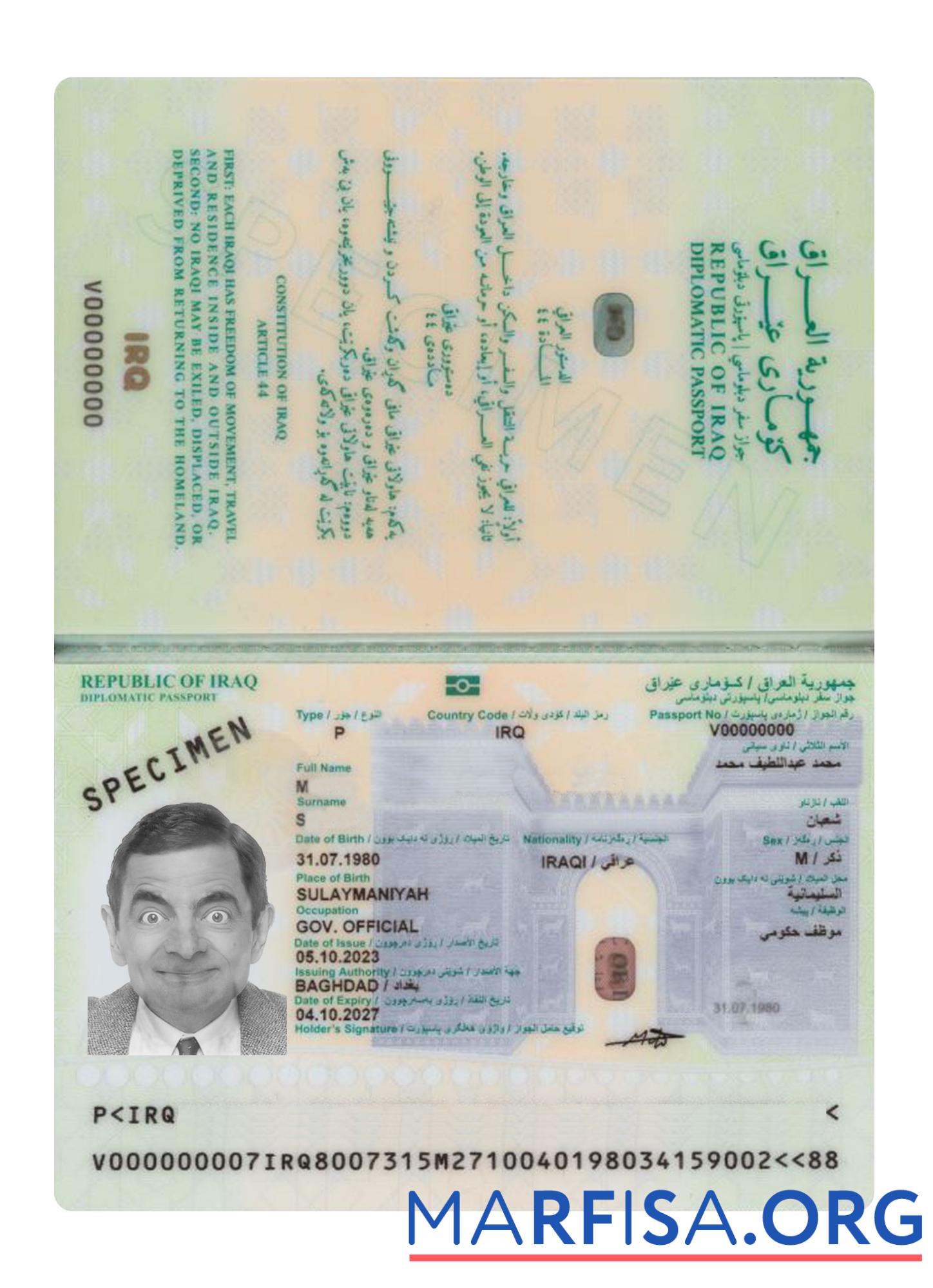 Realistic Iraq passport 2023 present template